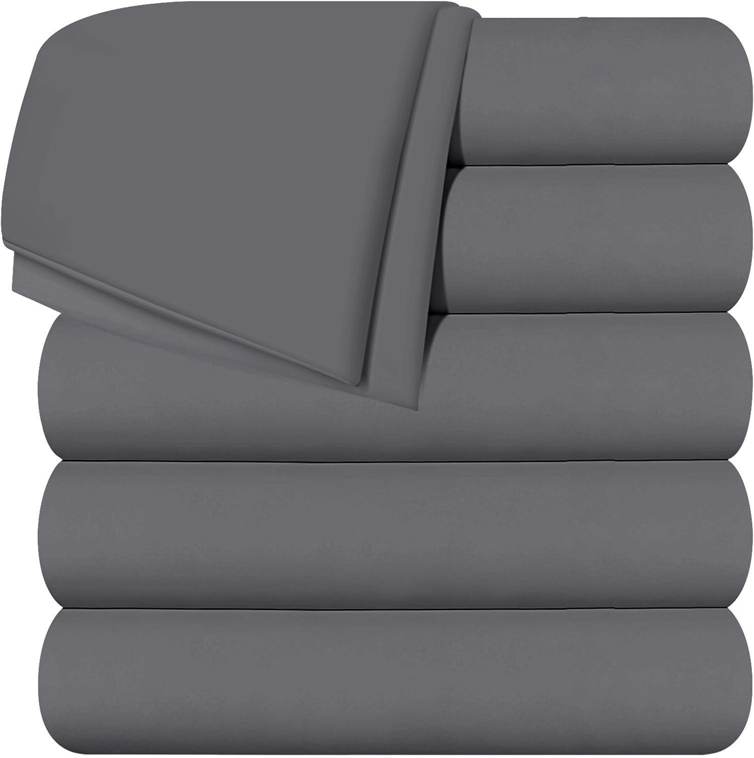 "Set of grey flat sheets neatly arranged, showcasing a smooth, clean fabric. The sheets have a subtle, neutral tone that complements various bedroom decor styles."