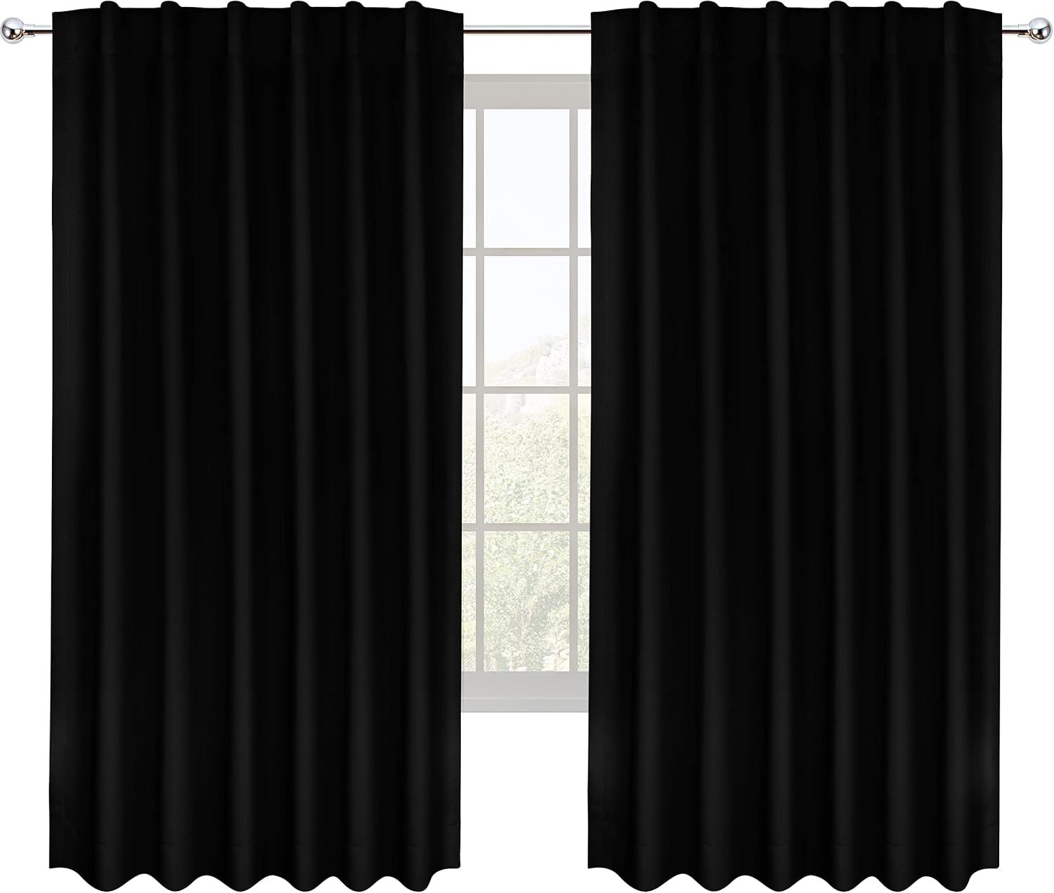 "Black curtain hanging in a window, adding a sleek and modern touch to the room with its deep, dark color."