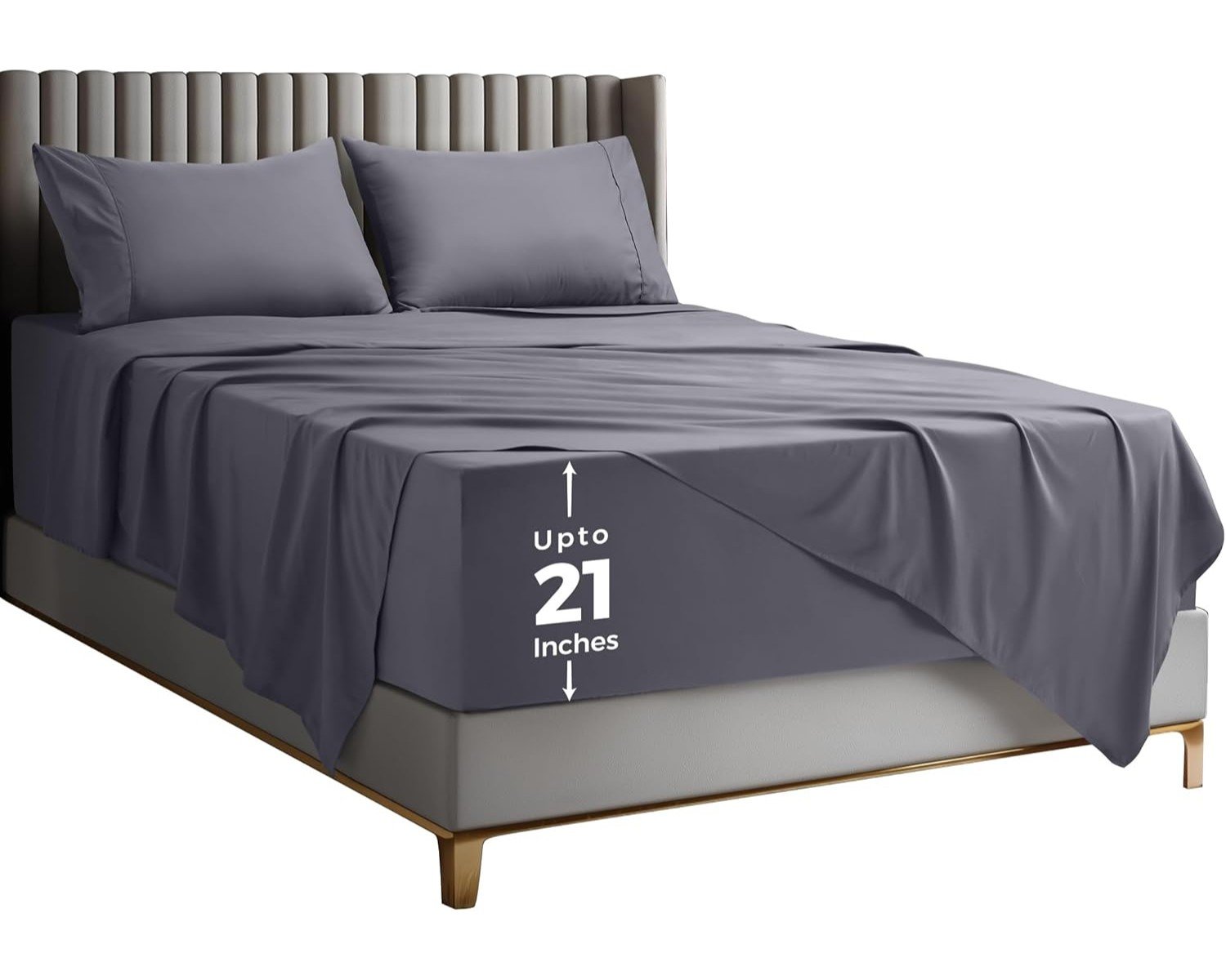 "Set of grey bed sheets, including a fitted sheet, flat sheet, and pillowcases, neatly arranged on a bed. The sheets have a soft, smooth texture and a subtle sheen, adding a sleek and modern touch to the bedding."