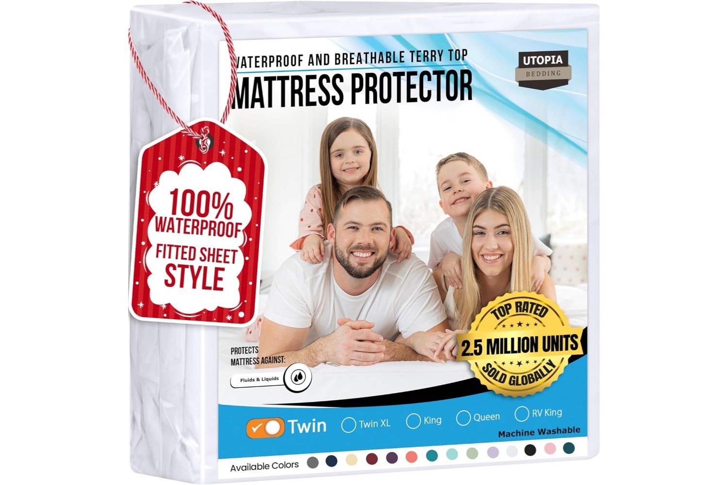 Packaging for the Utopia Bedding Waterproof and Breathable Terry Top Mattress Protector, designed for a twin-sized bed. The image on the package shows a happy family of four smiling on a bed, emphasizing the product's protection against fluids and liquids. The packaging also indicates that the mattress protector is machine washable